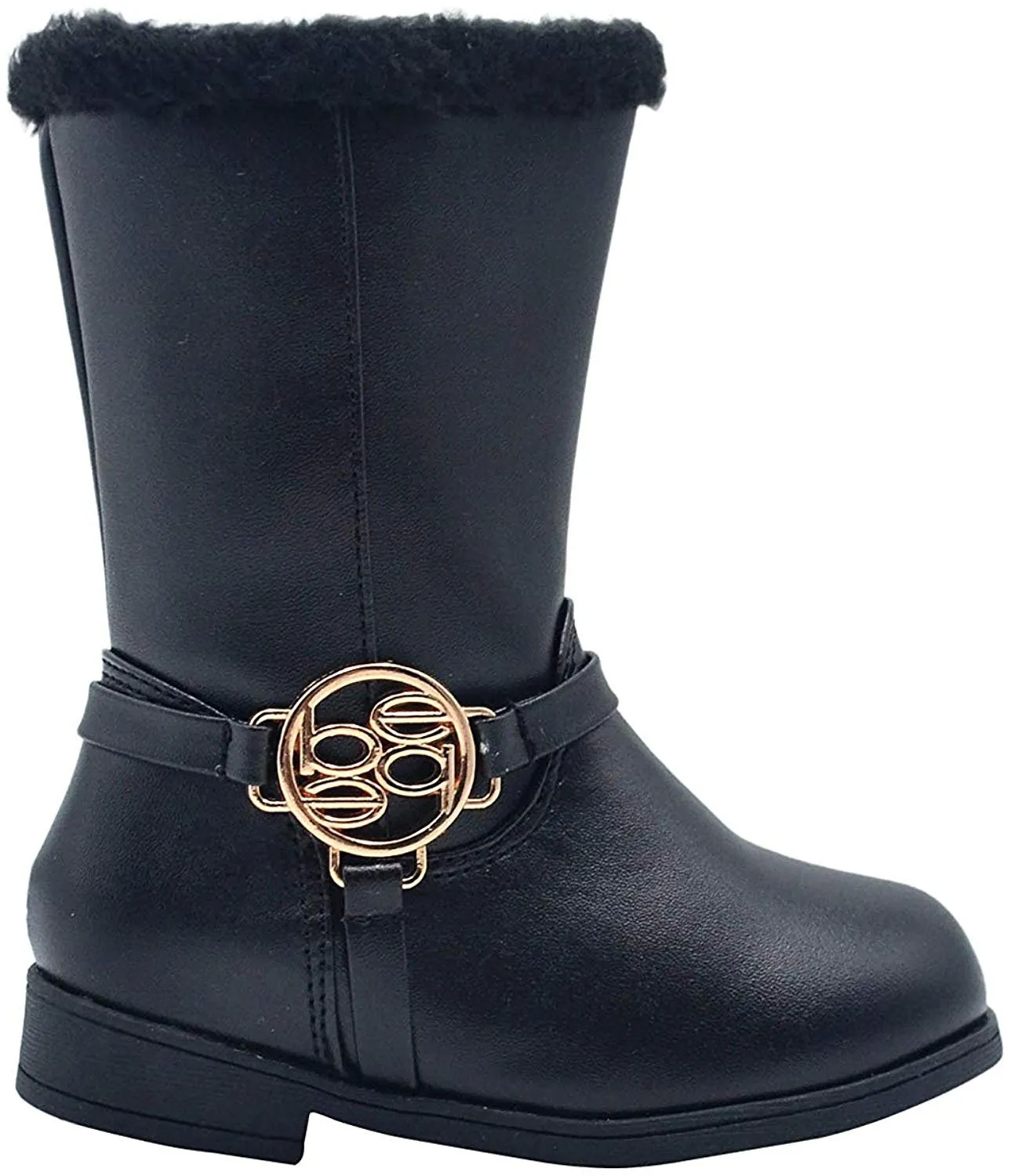 bebe Toddler Girls Little Kid Easy Pull On Mid Calf Winter Riding Boots Embellished with Faux Fur Trim and Metallic Medallion Logo