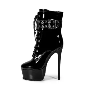 Black Platform Buckle Lace-up Stiletto Ankle Boots