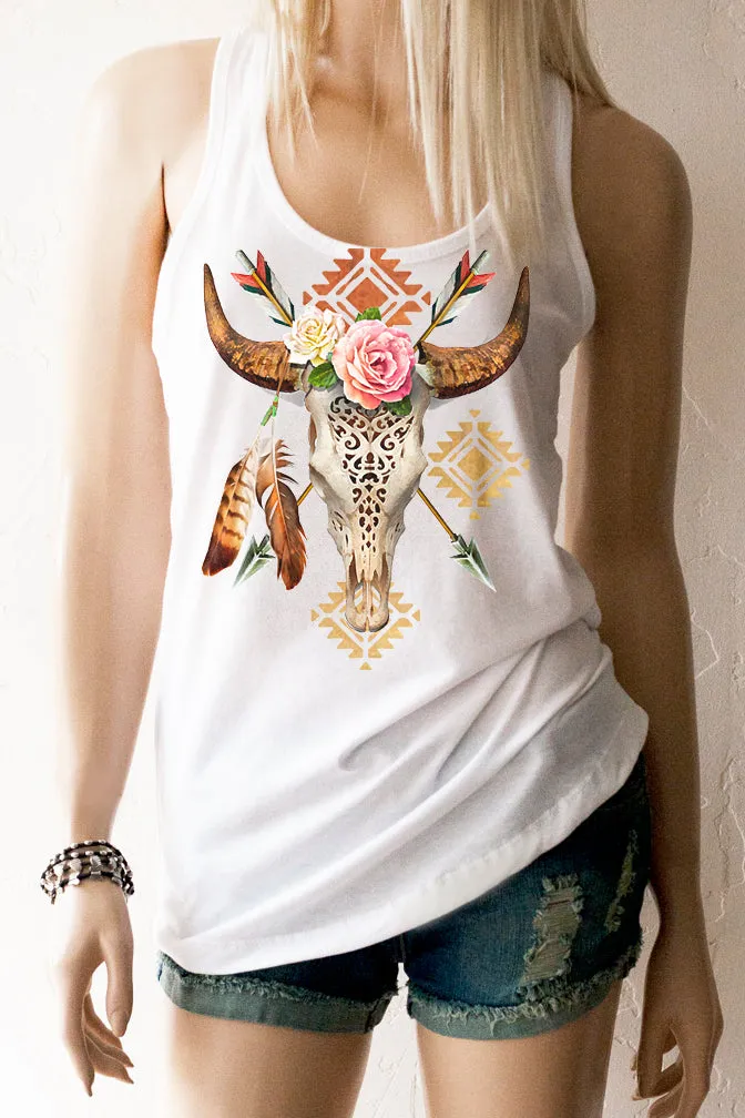 Boho Bull Skull & Roses Racerback Tank Top