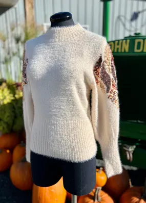 Cream Knit Turtleneck with Sequin Shoulders