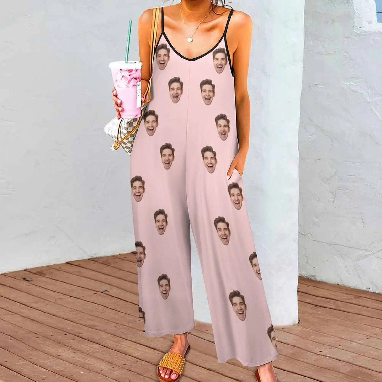 Custom Face Pink Funny Women's Summer Casual Spaghetti Strap V Neck Oversized Wide Leg Jumpsuit Pockets Beach Travel Outfits