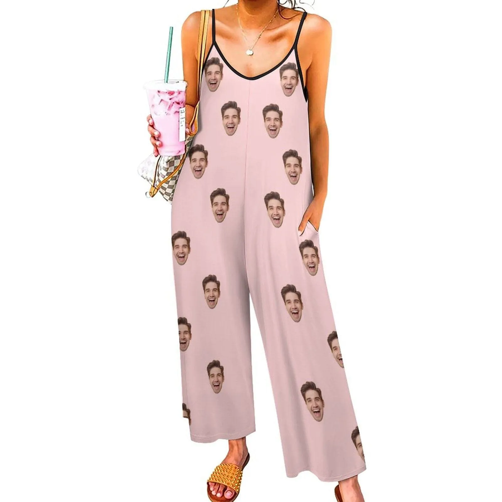 Custom Face Pink Funny Women's Summer Casual Spaghetti Strap V Neck Oversized Wide Leg Jumpsuit Pockets Beach Travel Outfits