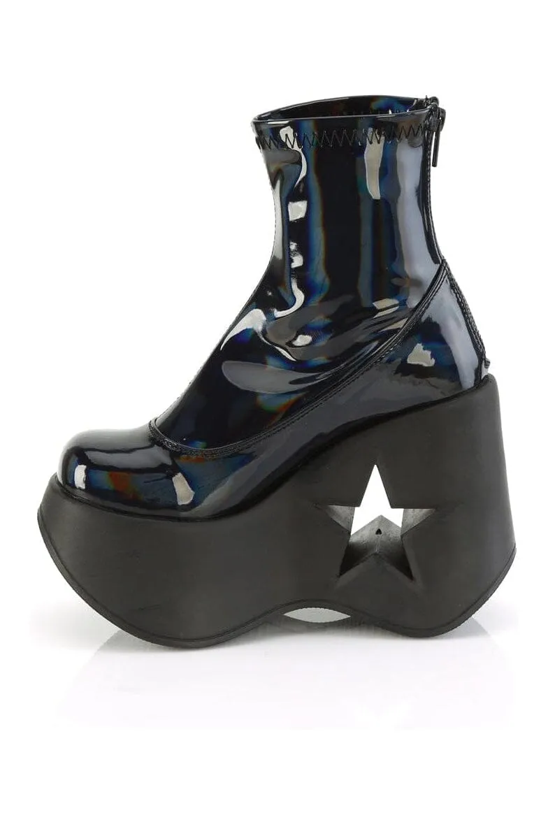 DYNAMITE-100 Black Hologram Patent Ankle Boot