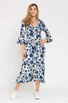 Felicity Midi Dress White & Blue Flower