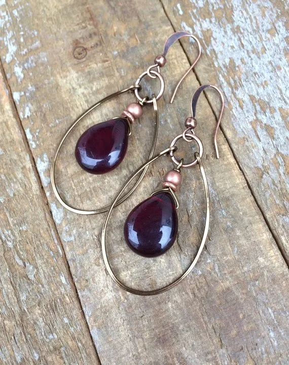 Garnet Red Earrings, Boho Dangle Earrings, Red Teardrop Earrings, Garnet Red Gemstone Jewelry, Copper Earrings