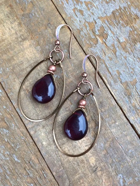 Garnet Red Earrings, Boho Dangle Earrings, Red Teardrop Earrings, Garnet Red Gemstone Jewelry, Copper Earrings