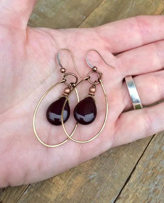 Garnet Red Earrings, Boho Dangle Earrings, Red Teardrop Earrings, Garnet Red Gemstone Jewelry, Copper Earrings