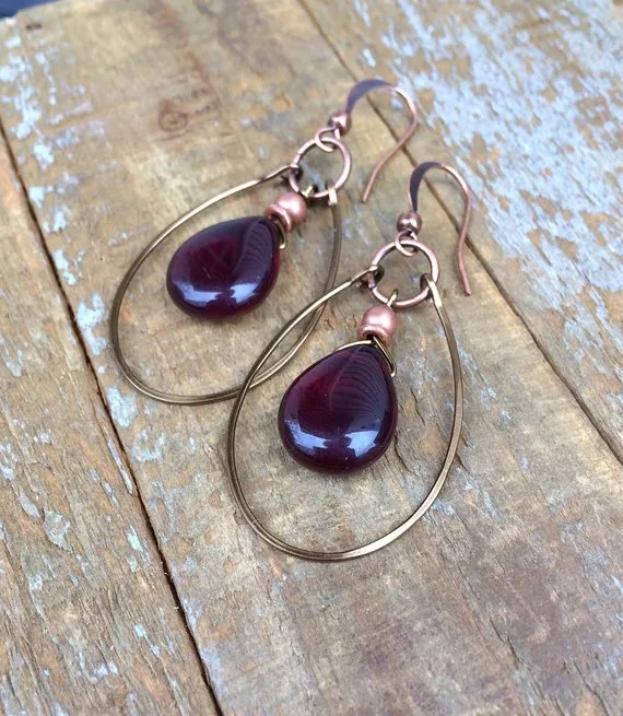 Garnet Red Earrings, Boho Dangle Earrings, Red Teardrop Earrings, Garnet Red Gemstone Jewelry, Copper Earrings