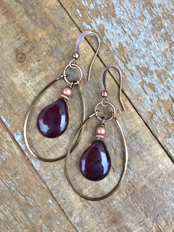 Garnet Red Earrings, Boho Dangle Earrings, Red Teardrop Earrings, Garnet Red Gemstone Jewelry, Copper Earrings