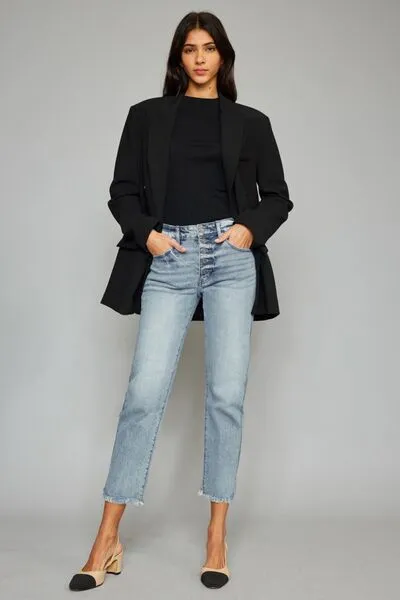 Kancan High Waist Button Fly Raw Hem Cropped Straight Jeans (Online Exclusive)