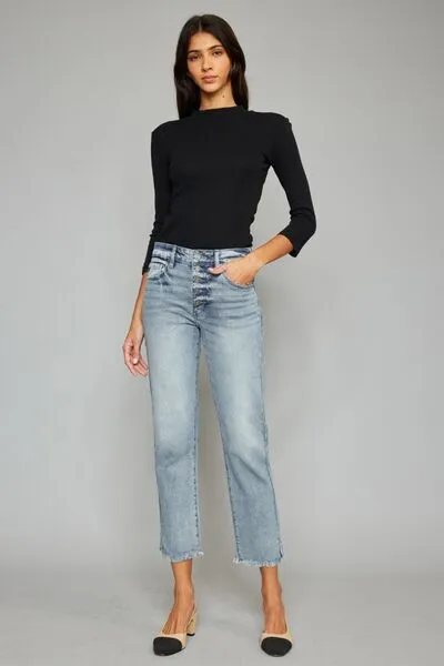 Kancan High Waist Button Fly Raw Hem Cropped Straight Jeans (Online Exclusive)