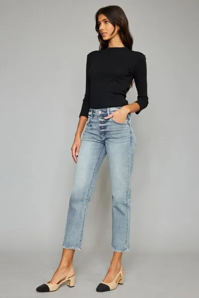 Kancan High Waist Button Fly Raw Hem Cropped Straight Jeans (Online Exclusive)