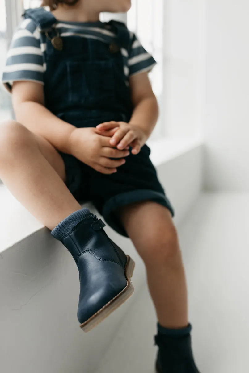 Leather Boot with Elastic Side - Navy