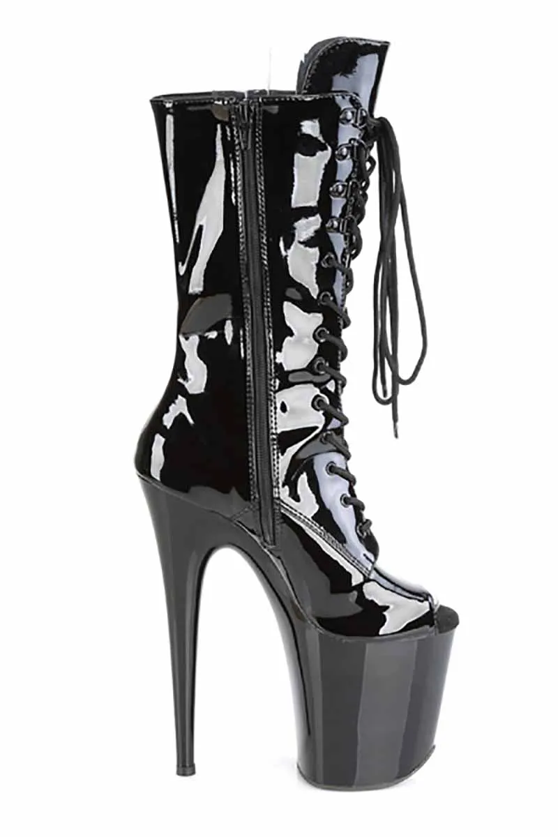 Pleaser USA Flamingo-1051 8inch Peep Toe Pleaser Boots - Patent Black