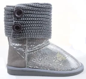 Sequin Crochet Slouchy Knit Sweater Button Flat Boot Silver