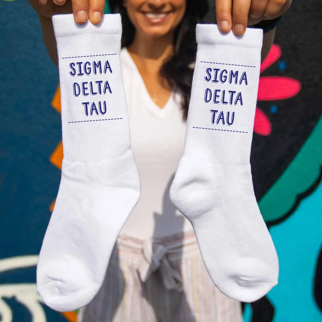 Sigma Delta Tau Crew Socks with Sigma Delta Tau Name in Sorority Colors