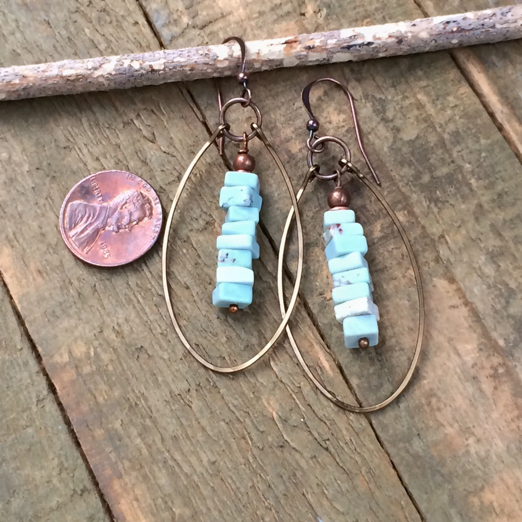 Turquoise Hoop Earrings, Genuine Nevada Dry Creek Turquoise Earrings, Copper Hoop Earrings, Copper Jewelry, Hammered Copper Earrings