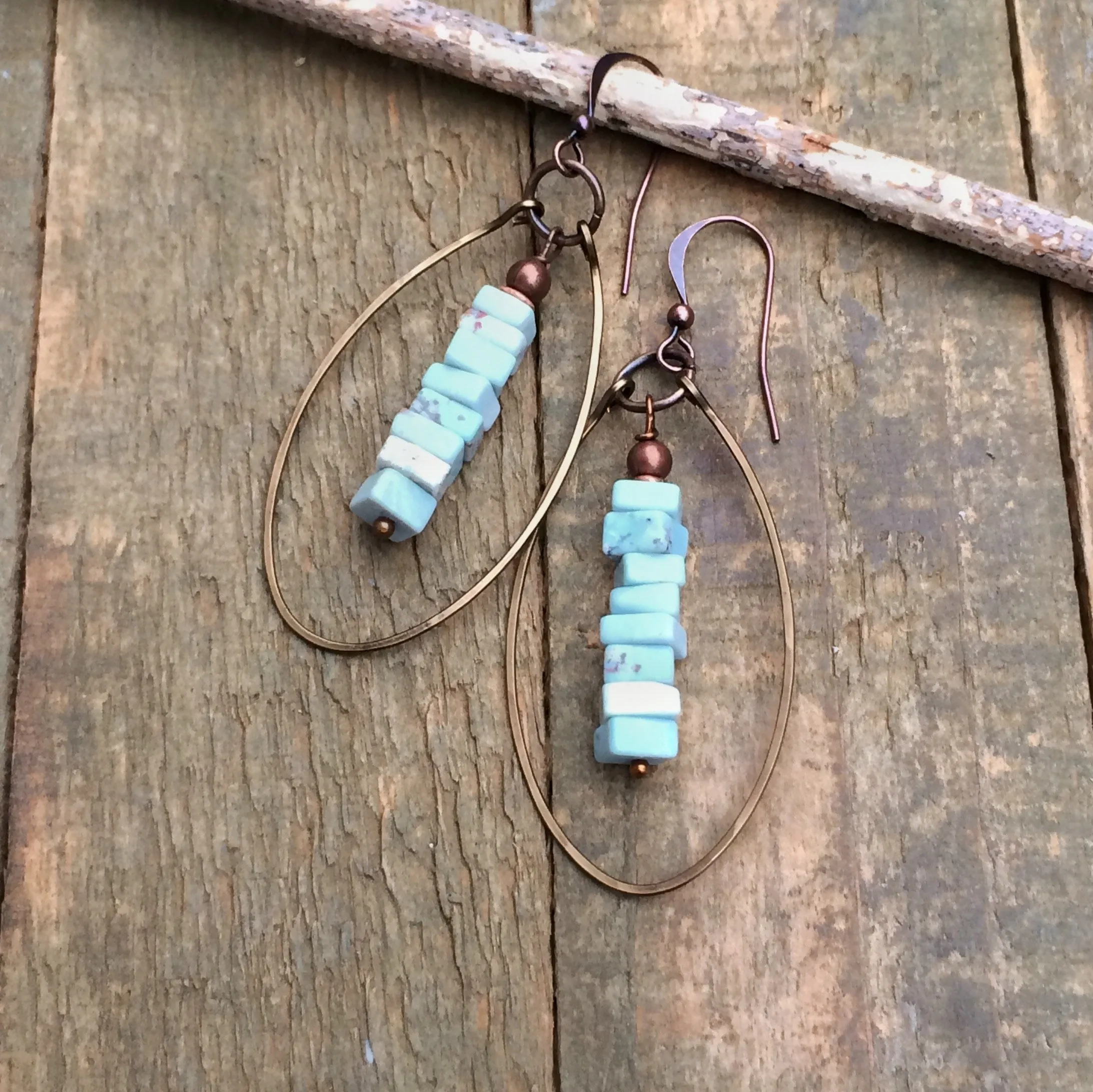 Turquoise Hoop Earrings, Genuine Nevada Dry Creek Turquoise Earrings, Copper Hoop Earrings, Copper Jewelry, Hammered Copper Earrings