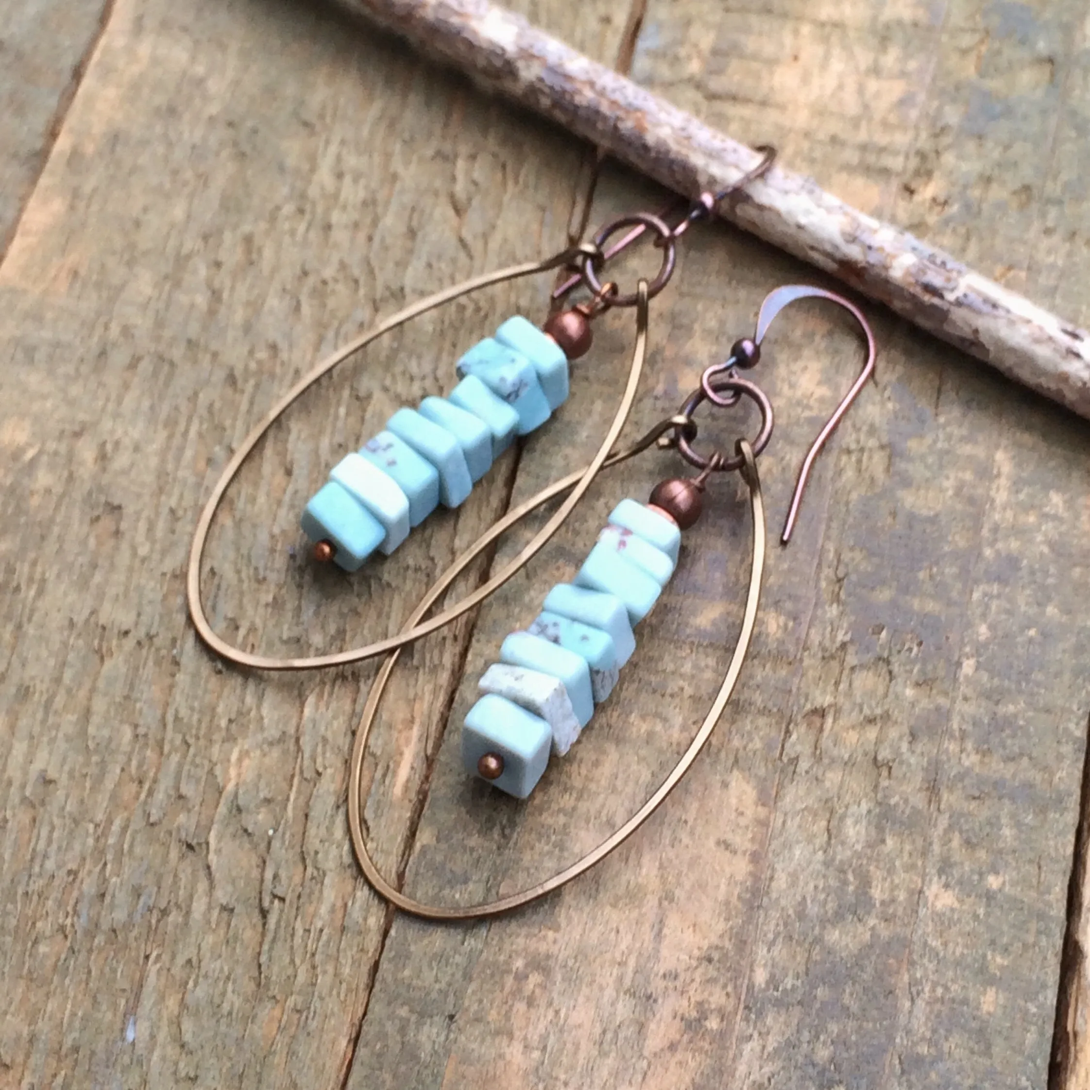 Turquoise Hoop Earrings, Genuine Nevada Dry Creek Turquoise Earrings, Copper Hoop Earrings, Copper Jewelry, Hammered Copper Earrings