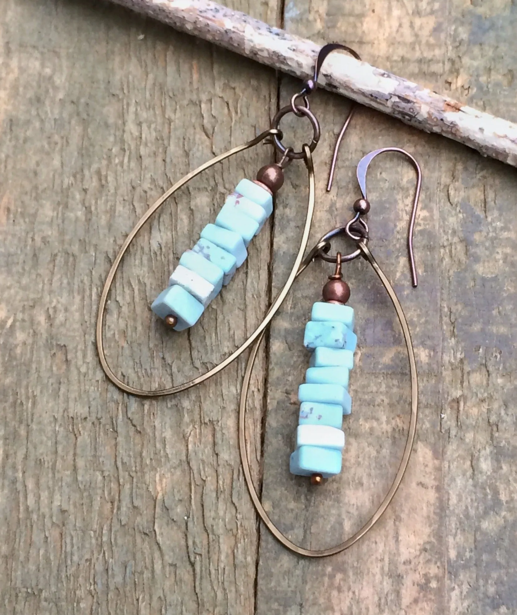 Turquoise Hoop Earrings, Genuine Nevada Dry Creek Turquoise Earrings, Copper Hoop Earrings, Copper Jewelry, Hammered Copper Earrings