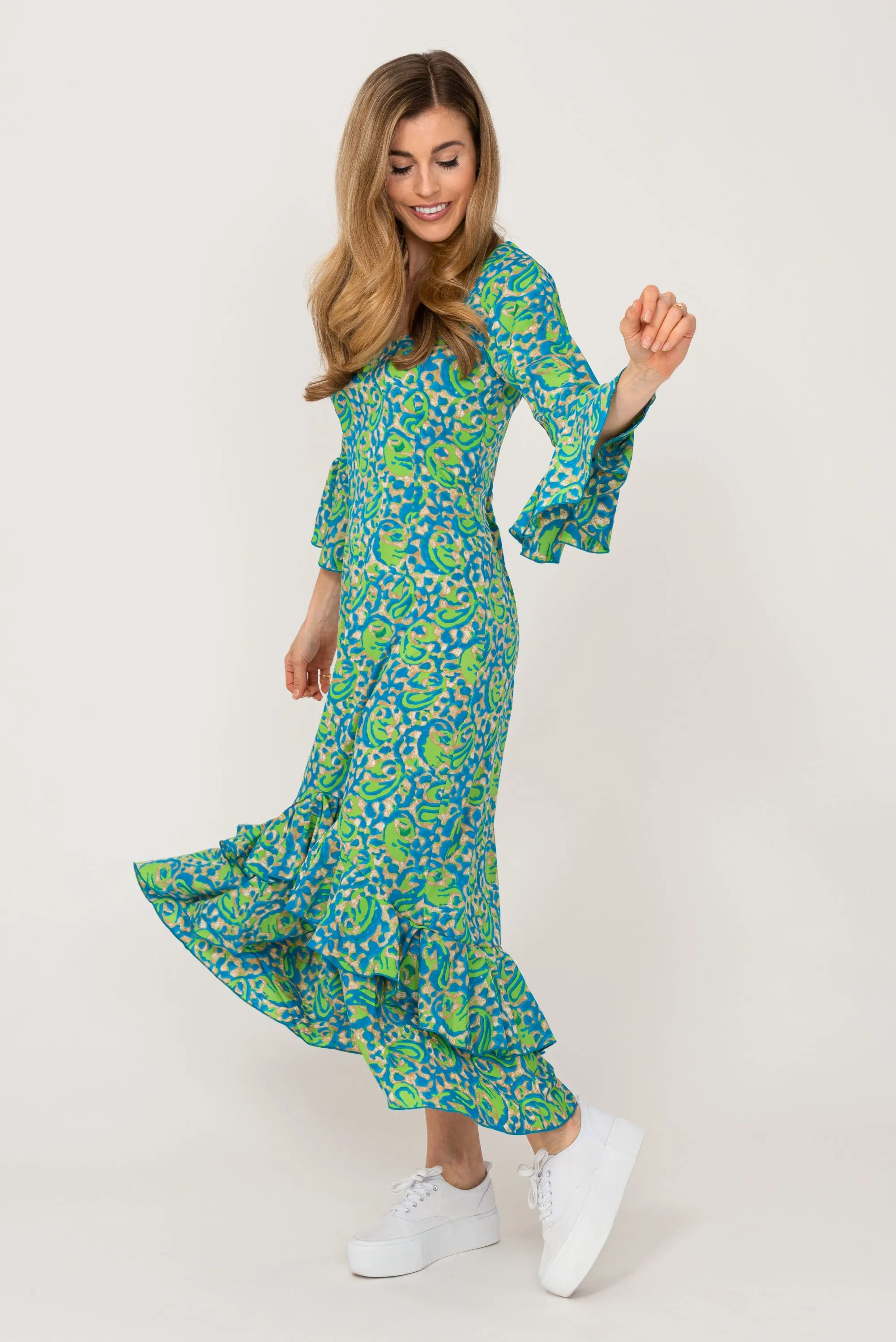 Victoria Midi Dress Turquoise and Lime Swirl