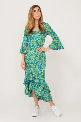 Victoria Midi Dress Turquoise and Lime Swirl