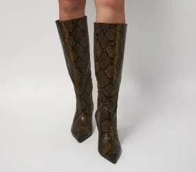 Womens Office Karly Kitten Heel Knee Boots Brown Snake